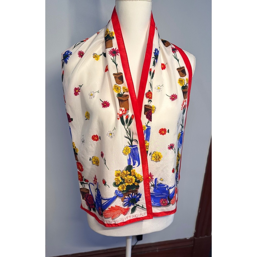 Adrienne Vittadini Vintage Silk Scarf Floral Garden Watering Can Red Cream 44x11